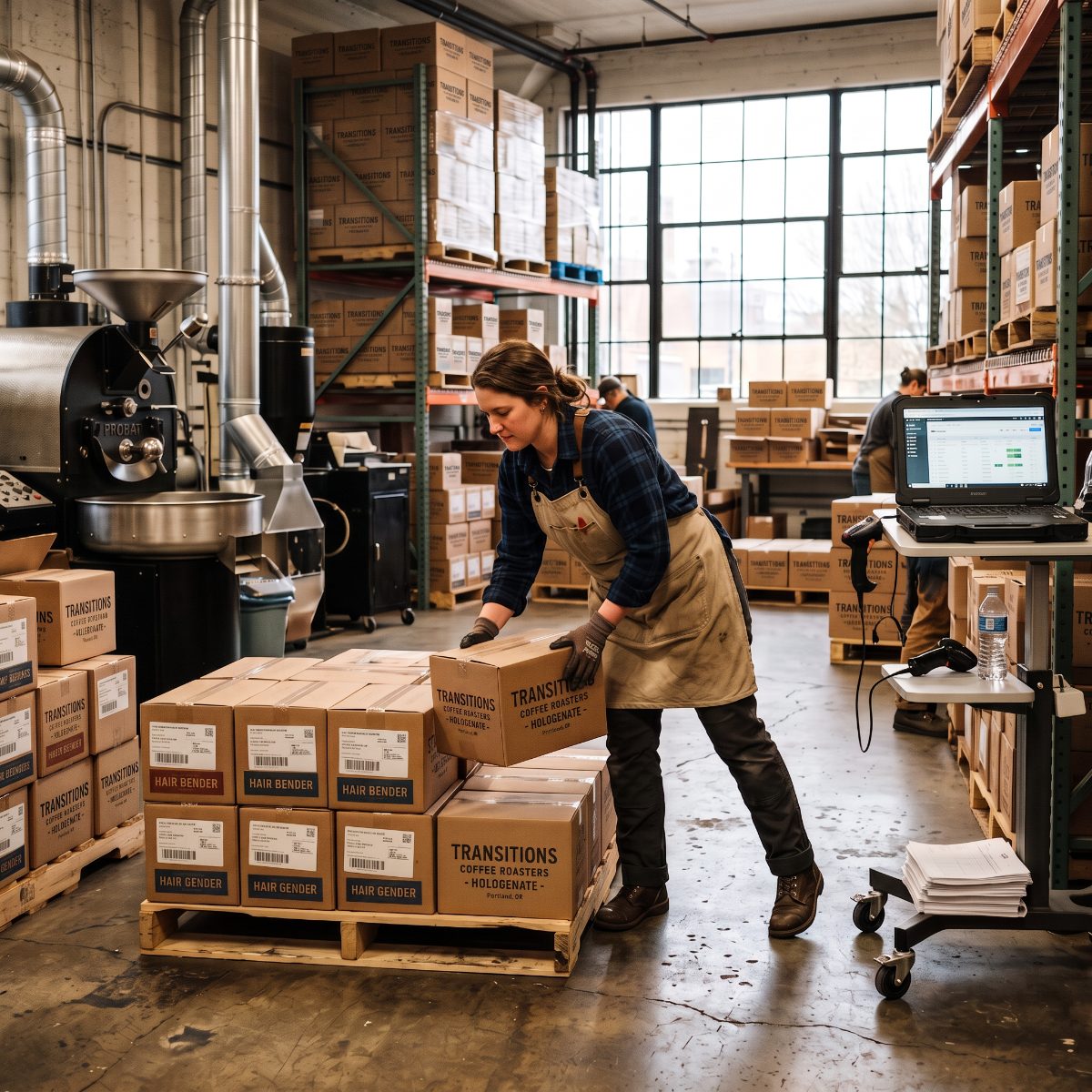 Warehouse team stacking labeled cases on a pallet next to a workstation running Lottly