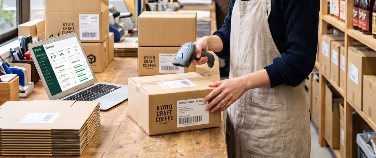 A maker scanning a shipment at a packing table with the Lottly dashboard open on a laptop